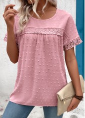 Light Pink tops,Plain Color tops,ROTITA Patchwork Light Pink Round Neck Short Sleeve T Shirt