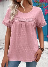 Light Pink tops,Plain Color tops,ROTITA Patchwork Light Pink Round Neck Short Sleeve T Shirt