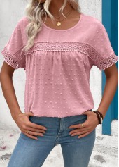 Light Pink tops,Plain Color tops,ROTITA Patchwork Light Pink Round Neck Short Sleeve T Shirt