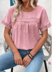 Light Pink tops,Plain Color tops,ROTITA Patchwork Light Pink Round Neck Short Sleeve T Shirt