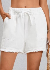 White bottoms,Plain Color bottoms,Double Side Pockets White Regular Elastic Waist Shorts