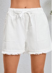 White bottoms,Plain Color bottoms,Double Side Pockets White Regular Elastic Waist Shorts