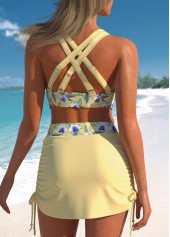 Light Yellow swimwear,Floral swimwear,Plants swimwear,ROTITA Ruched Light Yellow Floral Print Bikini Set