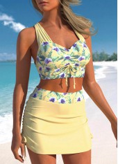 Light Yellow swimwear,Floral swimwear,Plants swimwear,ROTITA Ruched Light Yellow Floral Print Bikini Set