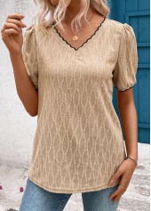 Light Camel tops,Plain Color tops,ROTITA Patchwork Light Camel V Neck Short Sleeve T Shirt