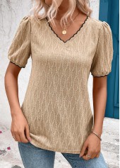 Light Camel tops,Plain Color tops,ROTITA Patchwork Light Camel V Neck Short Sleeve T Shirt