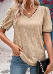 ROTITA Patchwork Light Camel V Neck Short Sleeve T Shirt