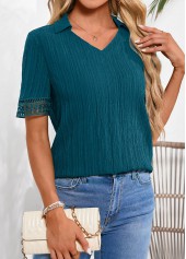 Peacock Blue tops,Plain Color tops,ROTITA Lace Peacock Blue Shirt Collar Short Sleeve Blouse