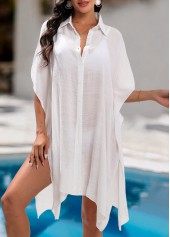 White swimwear,Plain Color swimwear,Tummy Coverage White Shirt Collar Cover Up