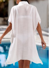 White swimwear,Plain Color swimwear,Tummy Coverage White Shirt Collar Cover Up