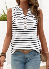White tops,Black tops,Striped tops,Geometric tops,Button Striped White Split Neck Tank Top