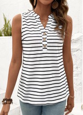 White tops,Black tops,Striped tops,Geometric tops,Button Striped White Split Neck Tank Top