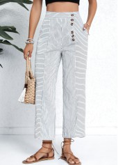 White bottoms,Striped bottoms,Geometric bottoms,Pocket Striped White Button Fly High Waisted Pants