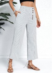 White bottoms,Striped bottoms,Geometric bottoms,Pocket Striped White Button Fly High Waisted Pants