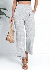 White bottoms,Striped bottoms,Geometric bottoms,Pocket Striped White Button Fly High Waisted Pants