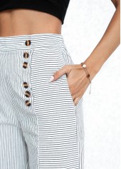 White bottoms,Striped bottoms,Geometric bottoms,Pocket Striped White Button Fly High Waisted Pants