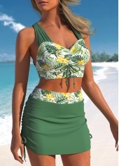 Green swimwear,Floral swimwear,Plants swimwear,ROTITA Ruched Green Floral Print Bikini Set