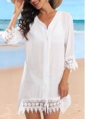 White swimwear,Plain Color swimwear,Button Up White Patchwork Cover Up