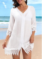 White swimwear,Plain Color swimwear,Button Up White Patchwork Cover Up