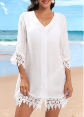 White swimwear,Plain Color swimwear,Button Up White Patchwork Cover Up