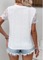 White tops,Plain Color tops,ROTITA Patchwork White Round Neck Short Sleeve T Shirt