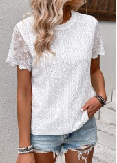 White tops,Plain Color tops,ROTITA Patchwork White Round Neck Short Sleeve T Shirt