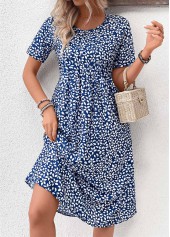 Navy dresses,Ditsy Floral dresses,Plants dresses,Vacation dresses,Vacation dresses,Pocket Ditsy Floral Print Navy Round Neck Dress