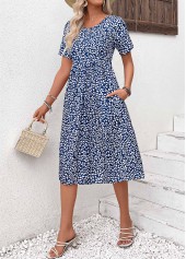 Navy dresses,Ditsy Floral dresses,Plants dresses,Vacation dresses,Vacation dresses,Pocket Ditsy Floral Print Navy Round Neck Dress