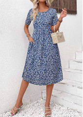 Navy dresses,Ditsy Floral dresses,Plants dresses,Vacation dresses,Vacation dresses,Pocket Ditsy Floral Print Navy Round Neck Dress