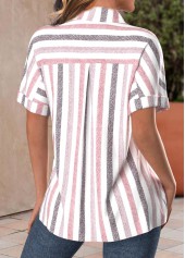 Pink tops,White tops,Striped tops,Geometric tops,ROTITA Pocket Striped Pink Shirt Collar Short Sleeve Blouse