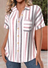 Pink tops,White tops,Striped tops,Geometric tops,ROTITA Pocket Striped Pink Shirt Collar Short Sleeve Blouse