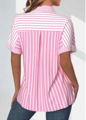 Pink tops,White tops,Striped tops,Geometric tops,ROTITA Pocket Striped Pink Short Sleeve Shirt