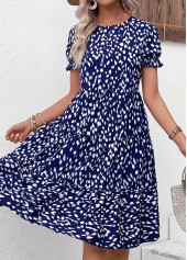 Navy dresses,Geometric dresses,Vacation dresses,Vacation dresses,Ruched Navy Round Neck Short Sleeve Dress