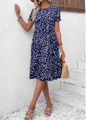 Navy dresses,Geometric dresses,Vacation dresses,Vacation dresses,Ruched Navy Round Neck Short Sleeve Dress