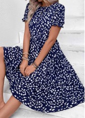 Navy dresses,Geometric dresses,Vacation dresses,Vacation dresses,Ruched Navy Round Neck Short Sleeve Dress