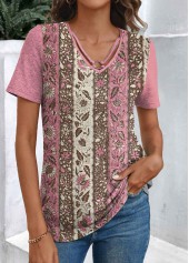 Rotita - T-shirt rose à imprimé floral et patchwork à col en V