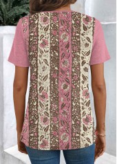 Pink tops,Floral tops,Plants tops,Tribal tops,ROTITA Patchwork Floral Print Pink V Neck T Shirt