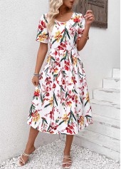 Red dresses,White dresses,Floral dresses,Plants dresses,Everyday dresses,Casual dresses,Zipper Floral Print Red Round Neck Short Sleeve Dress