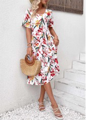 Red dresses,White dresses,Floral dresses,Plants dresses,Everyday dresses,Casual dresses,Zipper Floral Print Red Round Neck Short Sleeve Dress