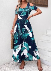 Navy dresses,Plants dresses,Vacation dresses,Vacation dresses,Pocket Plants Print Navy Scoop Neck Maxi Dress