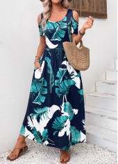 robe longue bleu marine à encolure dégagée et imprimé plantes à poches