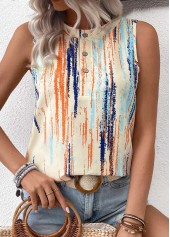 Multi Color tops,Striped tops,Geometric tops,Button Striped Multi Color Round Neck Sleeveless Tank Top