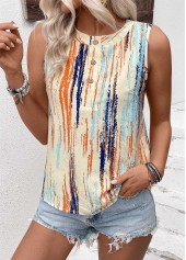 Multi Color tops,Striped tops,Geometric tops,Button Striped Multi Color Round Neck Sleeveless Tank Top
