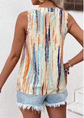 Multi Color tops,Striped tops,Geometric tops,Button Striped Multi Color Round Neck Sleeveless Tank Top