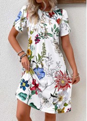 White dresses,Floral dresses,Plants dresses,Everyday dresses,Casual dresses,Pleated Floral Print White Round Neck Short Sleeve Dress