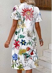 White dresses,Floral dresses,Plants dresses,Everyday dresses,Casual dresses,Pleated Floral Print White Round Neck Short Sleeve Dress