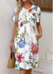 White dresses,Floral dresses,Plants dresses,Everyday dresses,Casual dresses,Pleated Floral Print White Round Neck Short Sleeve Dress