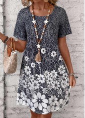 Black dresses,White dresses,Floral dresses,Plants dresses,Everyday dresses,Casual dresses,Pocket Floral Print Black Short Round Neck Dress