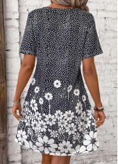 Black dresses,White dresses,Floral dresses,Plants dresses,Everyday dresses,Casual dresses,Pocket Floral Print Black Short Round Neck Dress