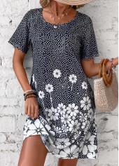 Black dresses,White dresses,Floral dresses,Plants dresses,Everyday dresses,Casual dresses,Pocket Floral Print Black Short Round Neck Dress